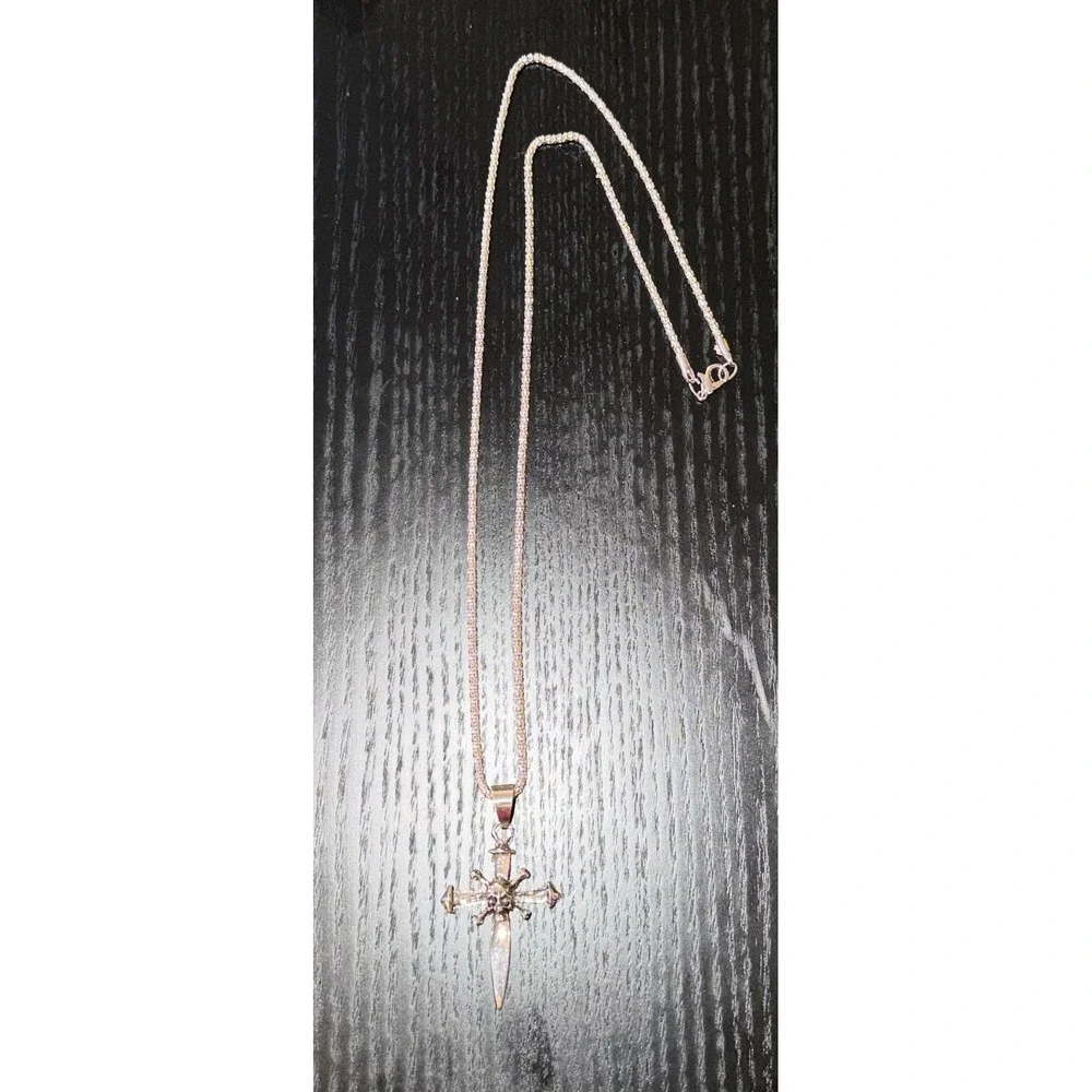 Gothic Dagger Cross Skull Pendant‎ Necklace Silver Tone Chain